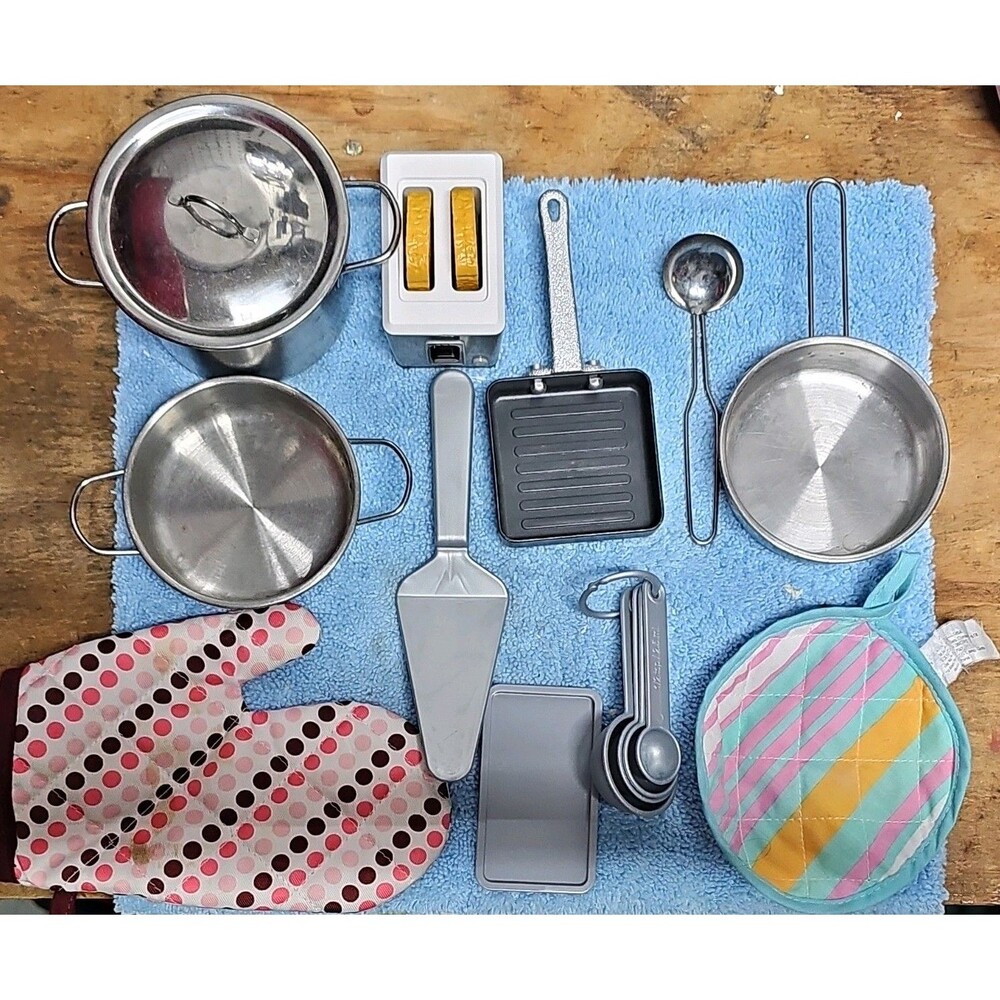 Pretend Play Kitchen Set Metal Pots Pans Utensils Toaster Multicolor
